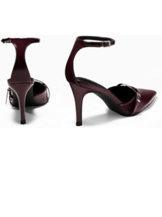 Coutgo Women's Deep Red Closed Pointed Toe Ankle Buckle Strap Pumps High Heels - Picture 2 of 5